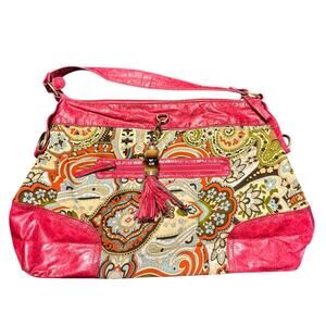 Boho Paisley Shoulder Bag Pink Faux Leather Trim Tassel Zip Purse Medium